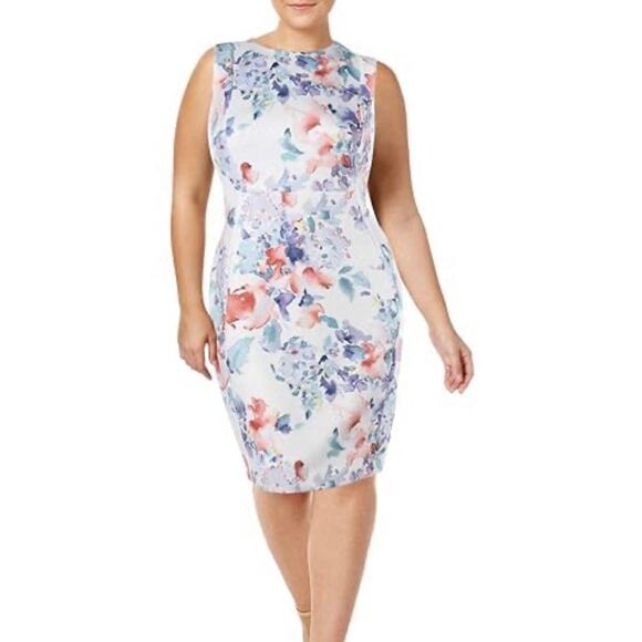 Calvin Klein Dress Plus Size 14W White Opal Multi Floral Scuba Lined Cocktail - Picture 1 of 12